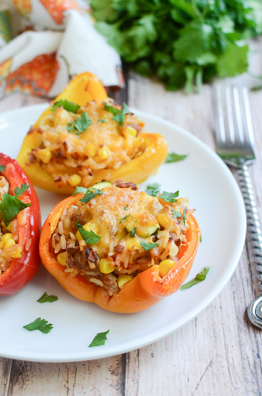 Grilled Stuffed Peppers - quick and healthy dinner! Stuffed with ground turkey, rice, fresh corn, and zucchini!