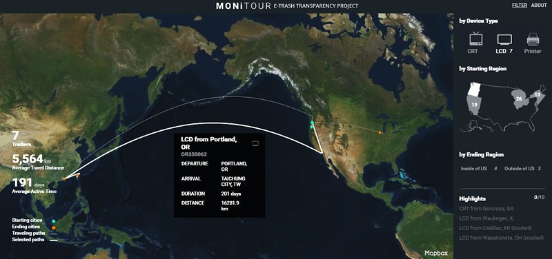 環團以GPS 追蹤美國電子廢棄物流向台中。圖片來源：截圖自 BAN and MIT-SCL. 共同製作的互動網站