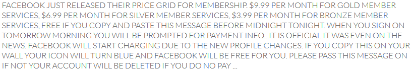 過去出現的虛假貼文：指用戶須付費才能使用Facebook