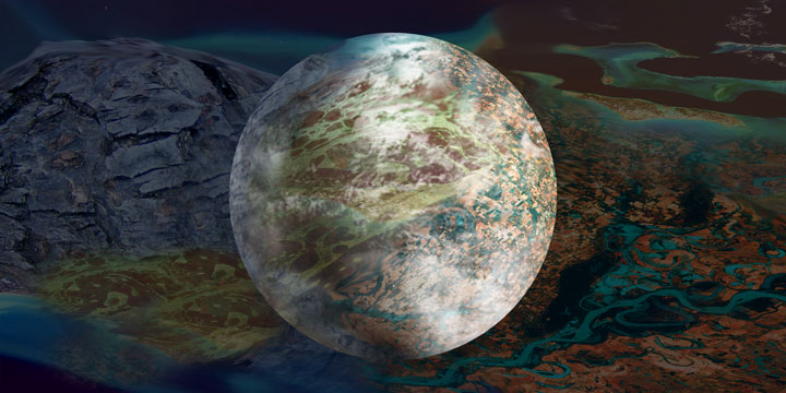 The 3-D planet with its texture map darkened in the background