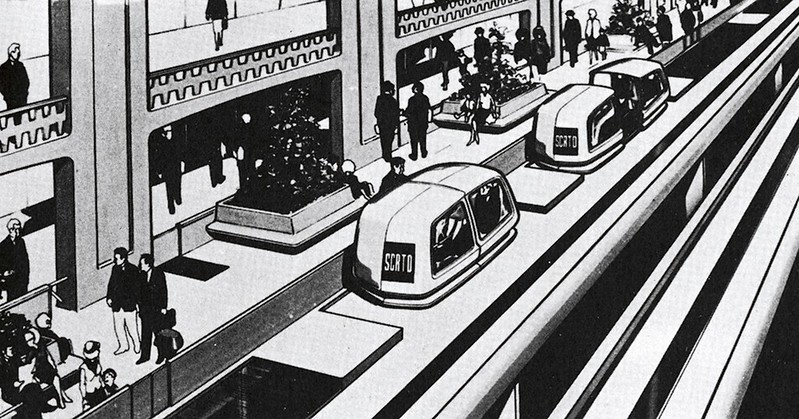 1970年代石油危機，產生了許多節能設計的想像，圖為美國設計師提出的各國城市個人化捷運系統原型。圖片提供：北美館。