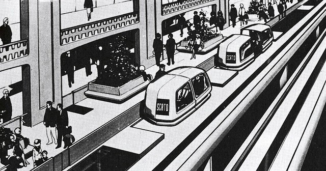1970年代石油危機，產生了許多節能設計的想像，圖為美國設計師提出的各國城市個人化捷運系統原型。圖片來源：北美館。