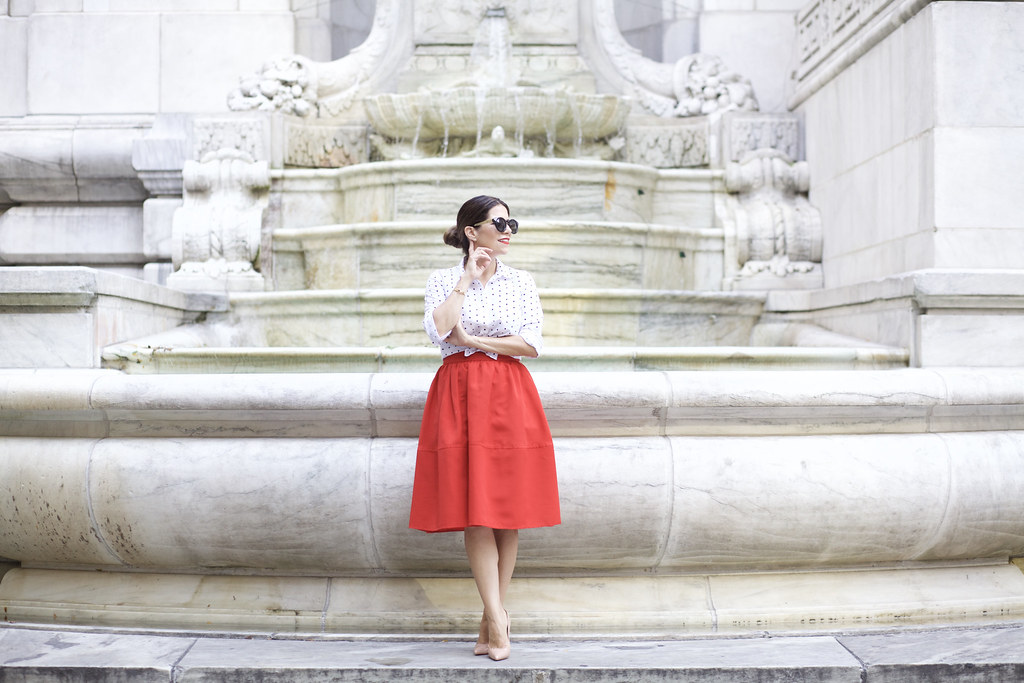 Red Midi Skirt Polka Dot Shirt Work Wear Work Style Corporate Catwalk