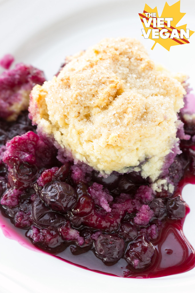 Vegan Blueberry Cobbler | The Viet Vegan | A layer of blueberries are studded with fluffy, sugar-crusted biscuits