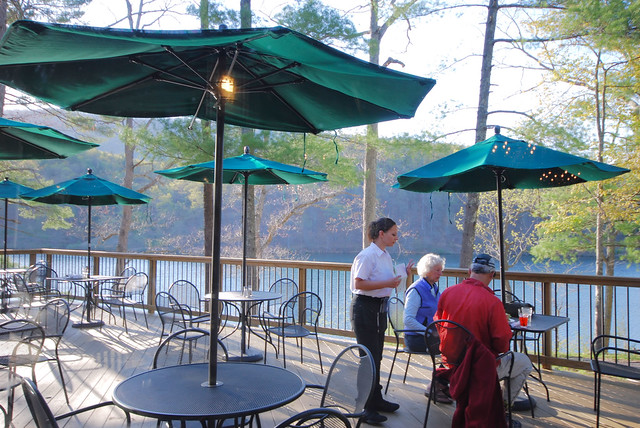 A couple enjoys dinner together at the Lakeview Restaurant in Douthat State Park