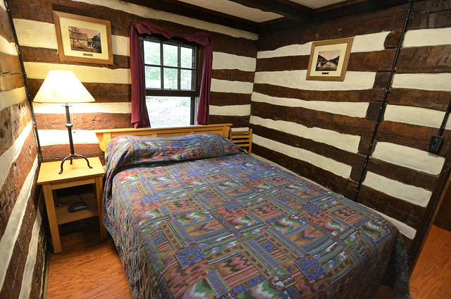 Master bedroom had a queen bed in cabin 14 was very comfortable with two windows that opened for fresh air at Douthat State Park in Virginia
