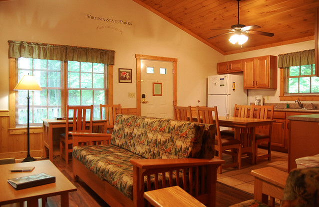 Cabin 1 has a large eat in kitchen open to the living room at Natural Tunnel State Park, Va