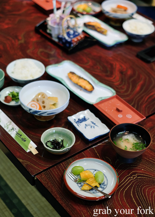 Japanese breakfast with grilled salmon at Nakayasu Ryokan, Kanazawa