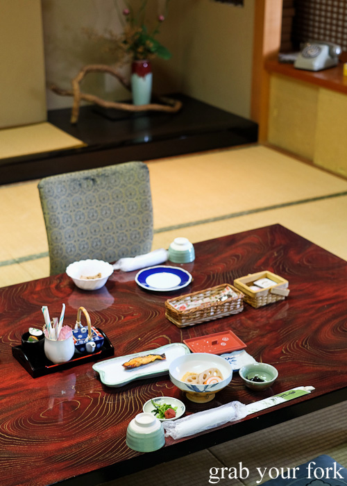 Traditional dining table and seats at Nakayasu Ryokan, Kanazawa