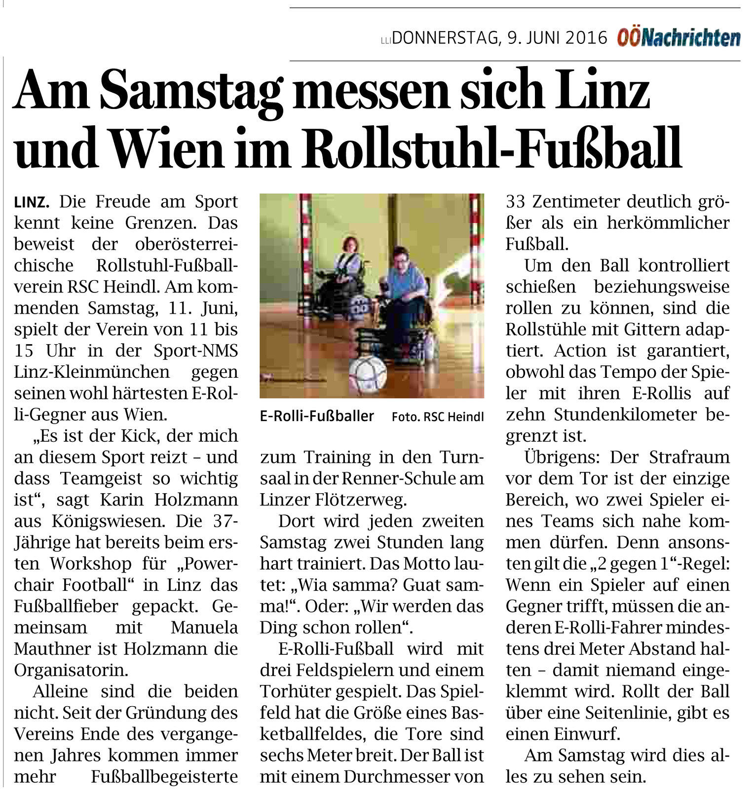 Oberösterreichischen Nachrichten: Am Samstag messen sich Linz und Wien im Rollstuhl-Fußball