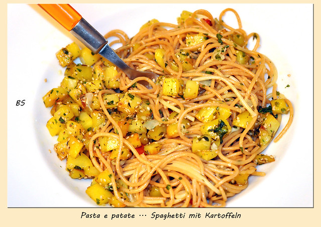 Italienisch - vegetarisch - Spaghetti mit Kartoffeln und Pesto - Pasta e patate - lecker. Fotos und Collagen: Brigitte Stolle