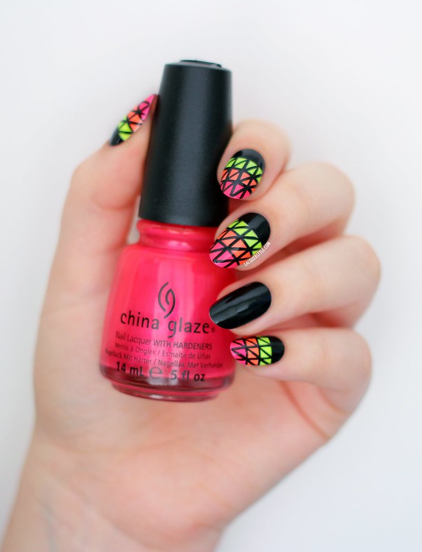 neon hand painted triangle pattern geometric nails half moon nail art color club tangerine scream orly glowstick china glaze loves a beach tutorial lacquerstyle kgrdnr
