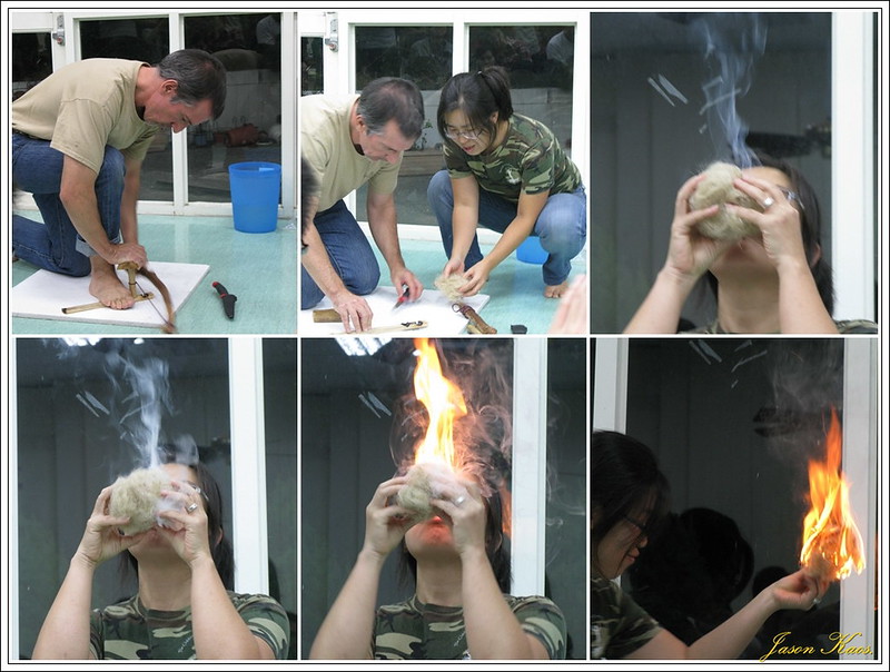 用雙手以草木生火的過程。圖片來源：七世代自然生活學校。
