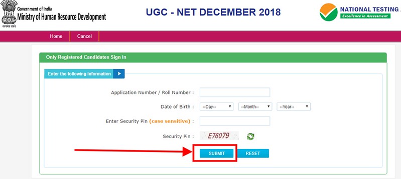 UGC NET Dec Result 2018 - Login page