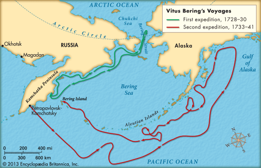 Mapa de los viajes de Vitus Bering (con base en Kamchatka)