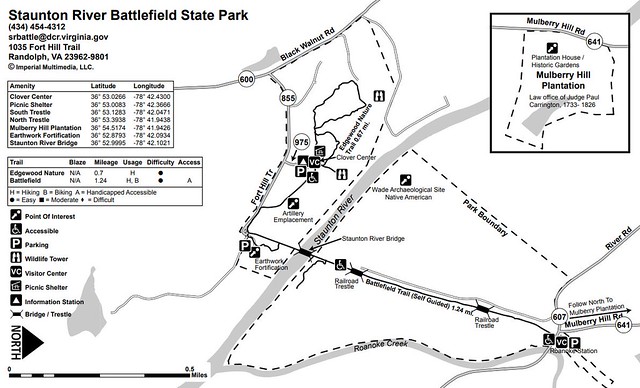 Take the Battlefield Trail (Self Guided) 1.24 mi. from the park's Visitor Center at Staunton River Battelfield State Park, Va