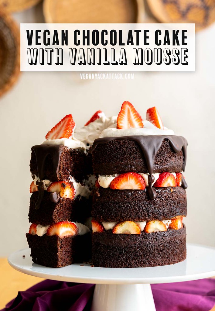 Decadent, dreamy, and absolutely delicious! This vegan chocolate layer cake is perfect for sharing with loved ones, on special occasions. #vegan #valentinesday #chocolatecake #veganyackattack