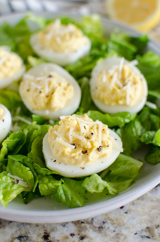 Caesar Deviled Eggs - deviled eggs with the flavor of caesar salad! Easy and delicious appetizer or the perfect way to use Easter eggs!