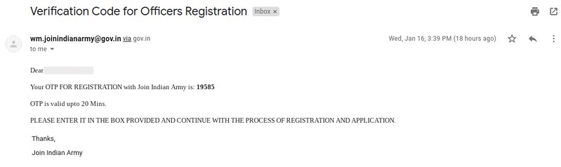 Indian Army JAG 23 - confirmation email after successful registration