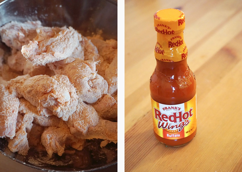 Homemade gluten free fried buffalo wings with Frank's RedHot Buffalo sauce | coating the chicken wings in flour