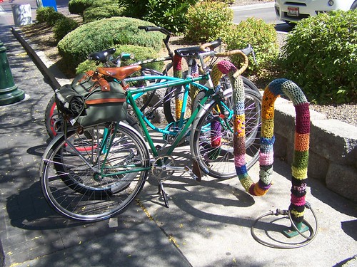 Yarn bombing a bicycle rack in Boise, Idaho