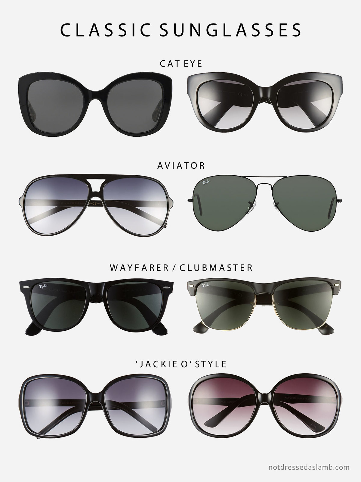Capsule Wardrobe Pieces That Suit All Body Shapes & Sizes - No.1 Classic sunglasses: Cat eye, Aviator, Wayfarer, Clubmaster, oversized Jackie O style | Not Dressed As Lamb