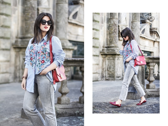 striped embroidered blouse zara flowers with levis mom jeans furla metropolis bag gucci loafers streetstyle outfit