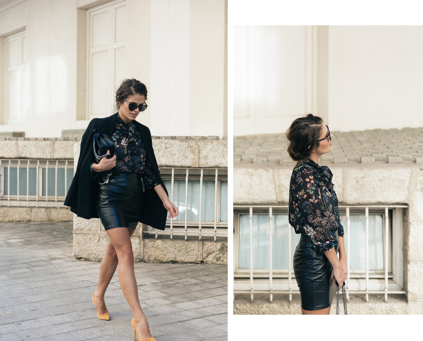 Jessie Chanes Seams for a desire - Buylevard Flowered Shirt Faux Leather Skirt Black Blazer-8