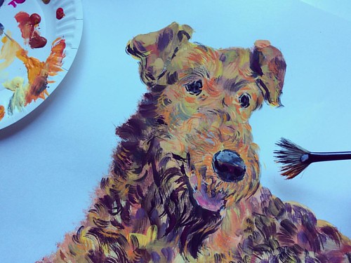 Working in another version of Airedale Terrier Porrait - for my Dog Portraits Project #dogs #airedale #airedaleterrier #portrait #gouache #dog #curlyhair #soft #orange #brown #beige #process #workinprogress #showyourwork