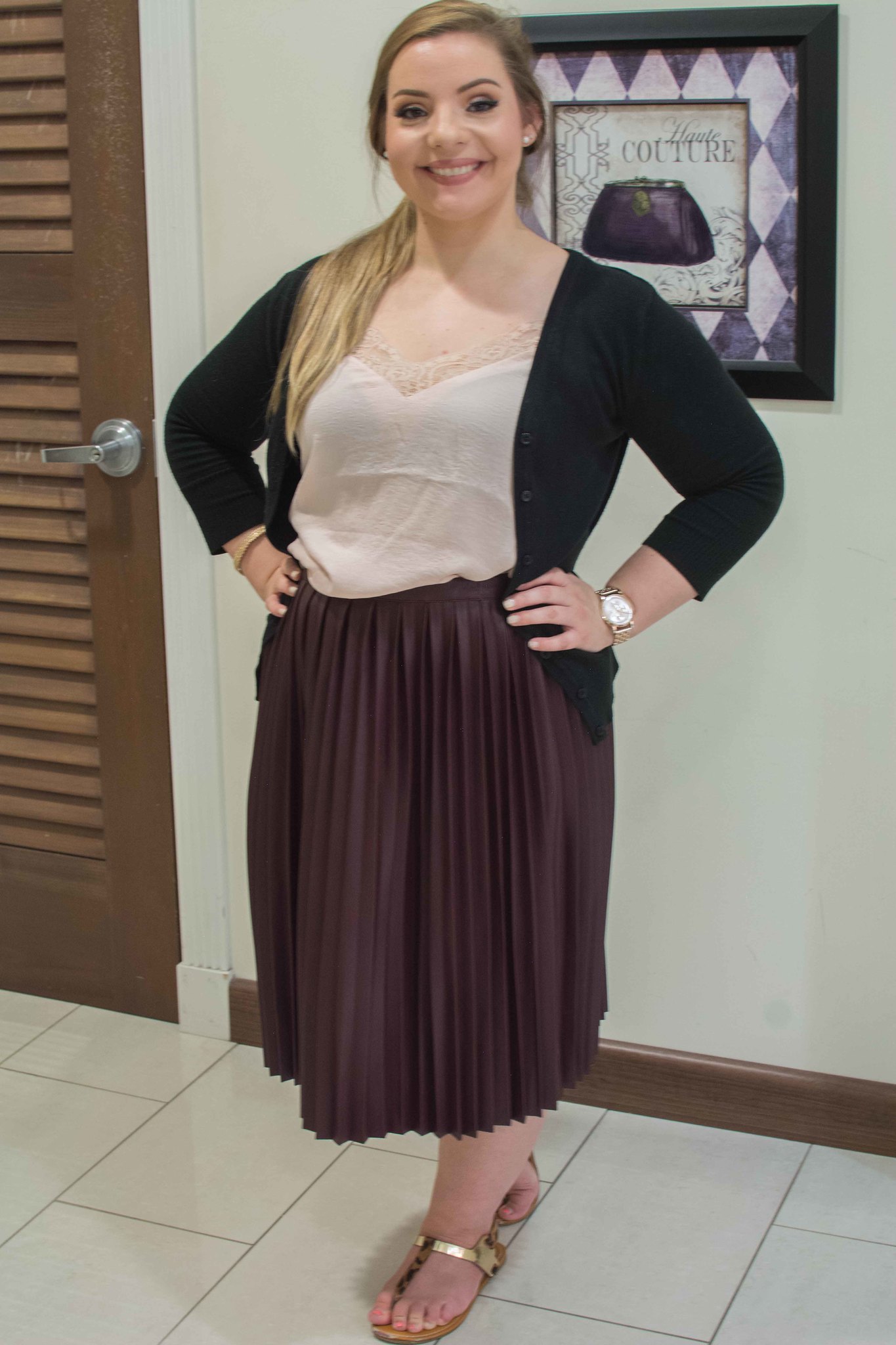 pleated leather midi skirt