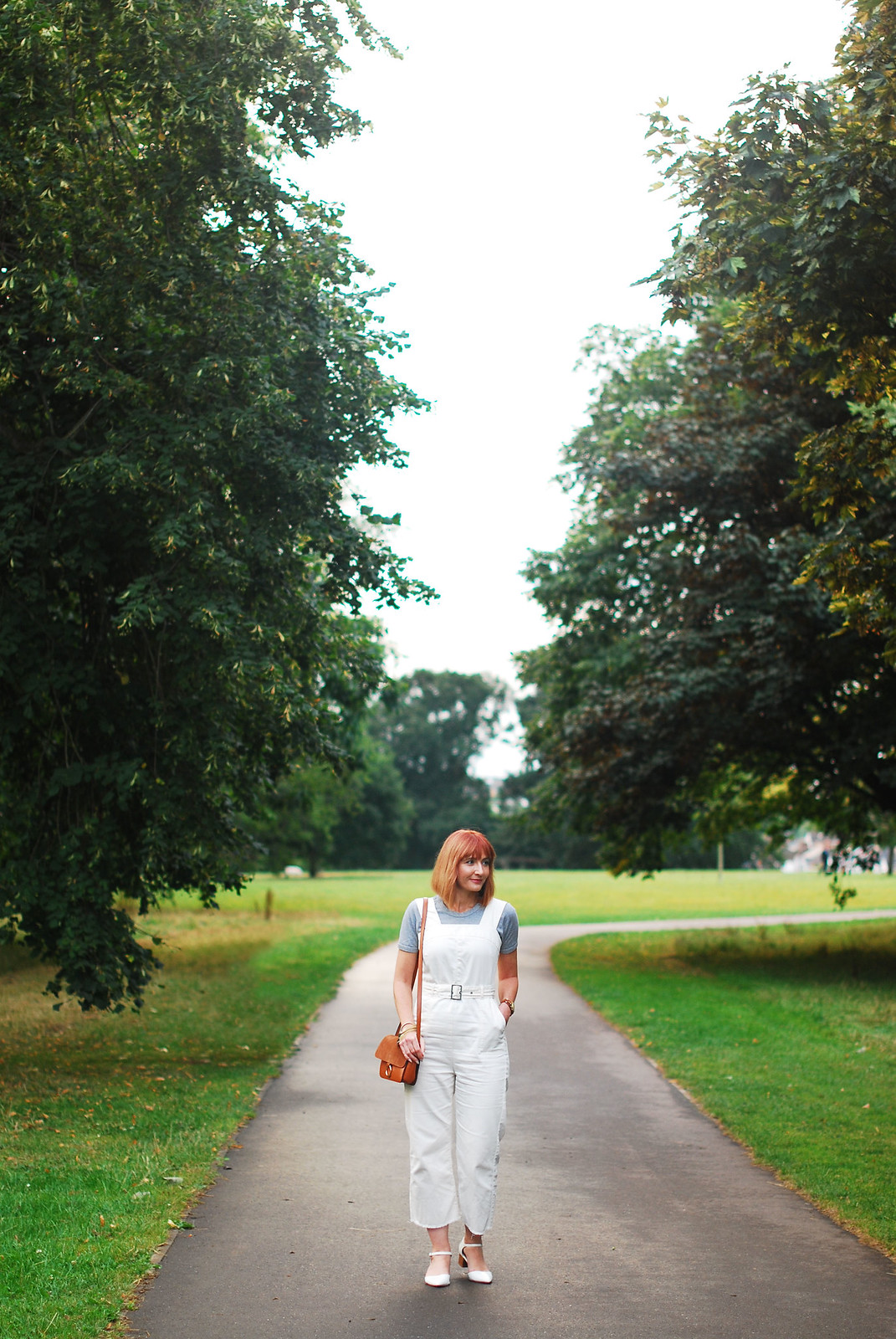 How to style white dungarees in the summer: Grey marl t-shirt, white shoes, tan crossbody bag (great for redheads) | Not Dressed As Lamb