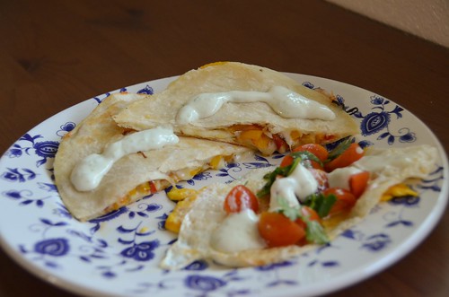 Tinkerbell Pepper Quesadillas with Cherry Tomato Salsa, Lime Crema & Sunny Side-Up Eggs