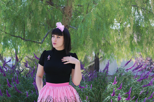 Pinup Girl Clothing Pinup Couture Jenny Skirt in Hansel & Gretel Print Laura Byrnes California Victoria Top in Black