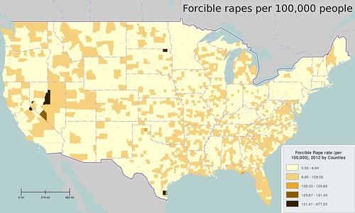 Reports of forcible rapes per 100,000 people in American counties
