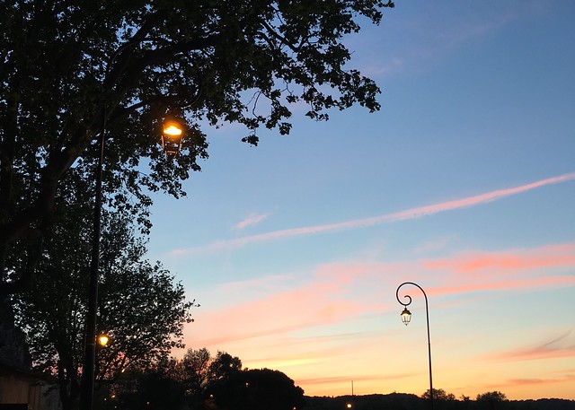 Light post in sunset along Rhône River in Avignon